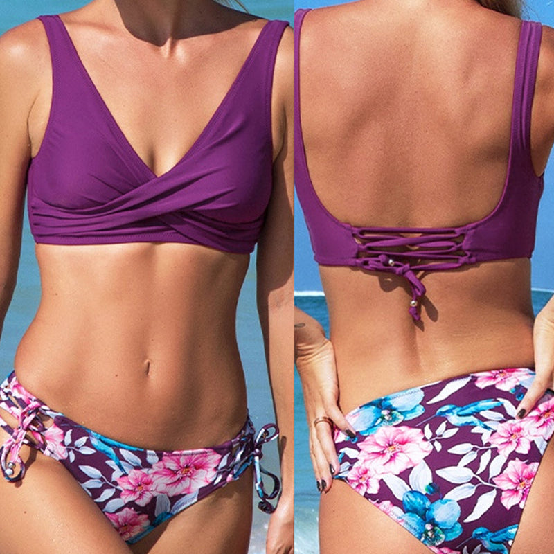 Bikini da donna – Top incrociato avvolgente – Slip con laccetti regolabili – Tessuto elasticizzato traspirante