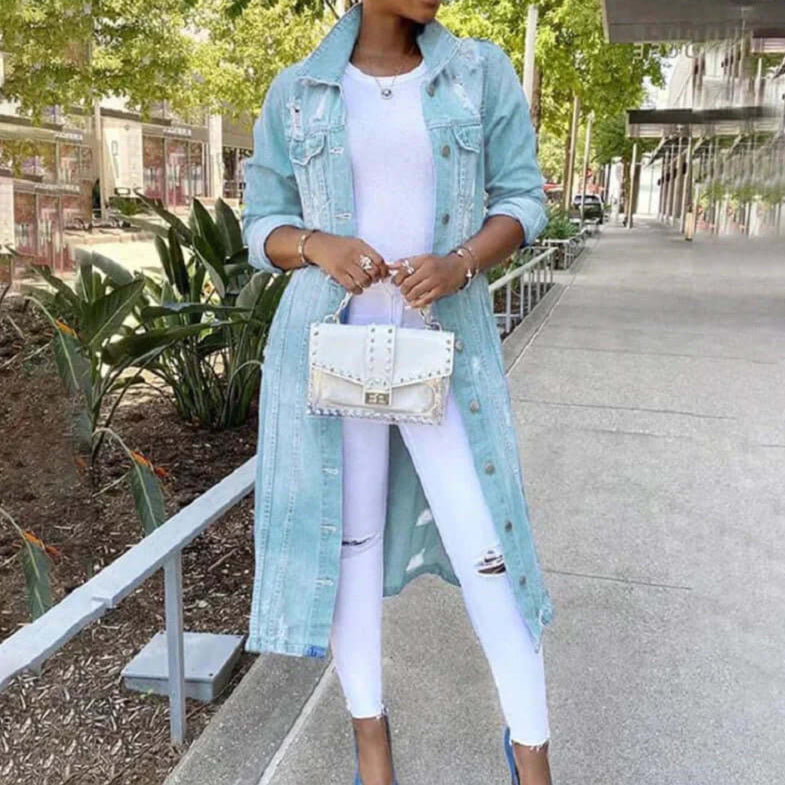 Trench da donna – Taglio dritto e rilassato – Denim – Dettagli rovinati – Lunghezza maxi