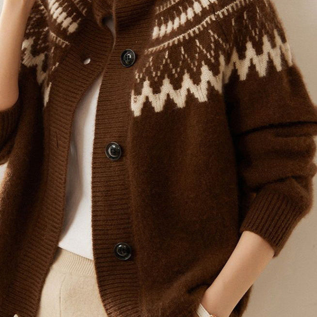 Cardigan in maglia retrò con scollo rotondo e motivo geometrico color block Fair Isle