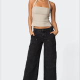 Jeans dritti con tasche cargo a vita media e oversize lavati