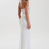 Abito lungo con pannello in rete e scollo all'americana