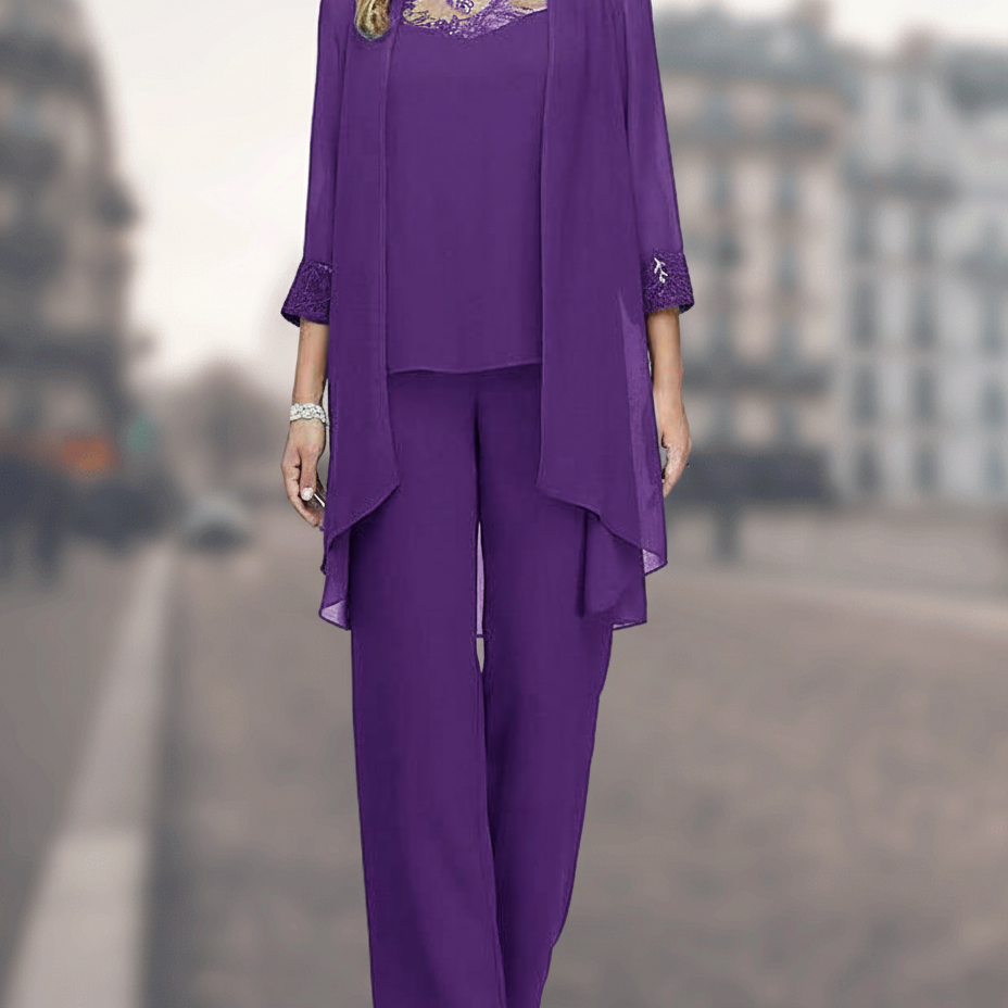 Completo da donna composto da tre pezzi – Taglio fluido – Pizzo delicato – Comodi pantaloni a gamba larga