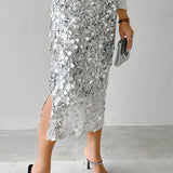 Gonna midi a vita alta con paillettes tinta unita