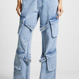 Pantaloni cargo vintage a vita alta con tasche e gamba dritta