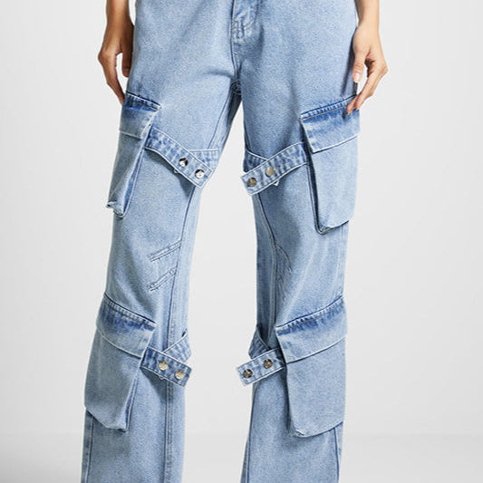 Pantaloni cargo vintage a vita alta con tasche e gamba dritta