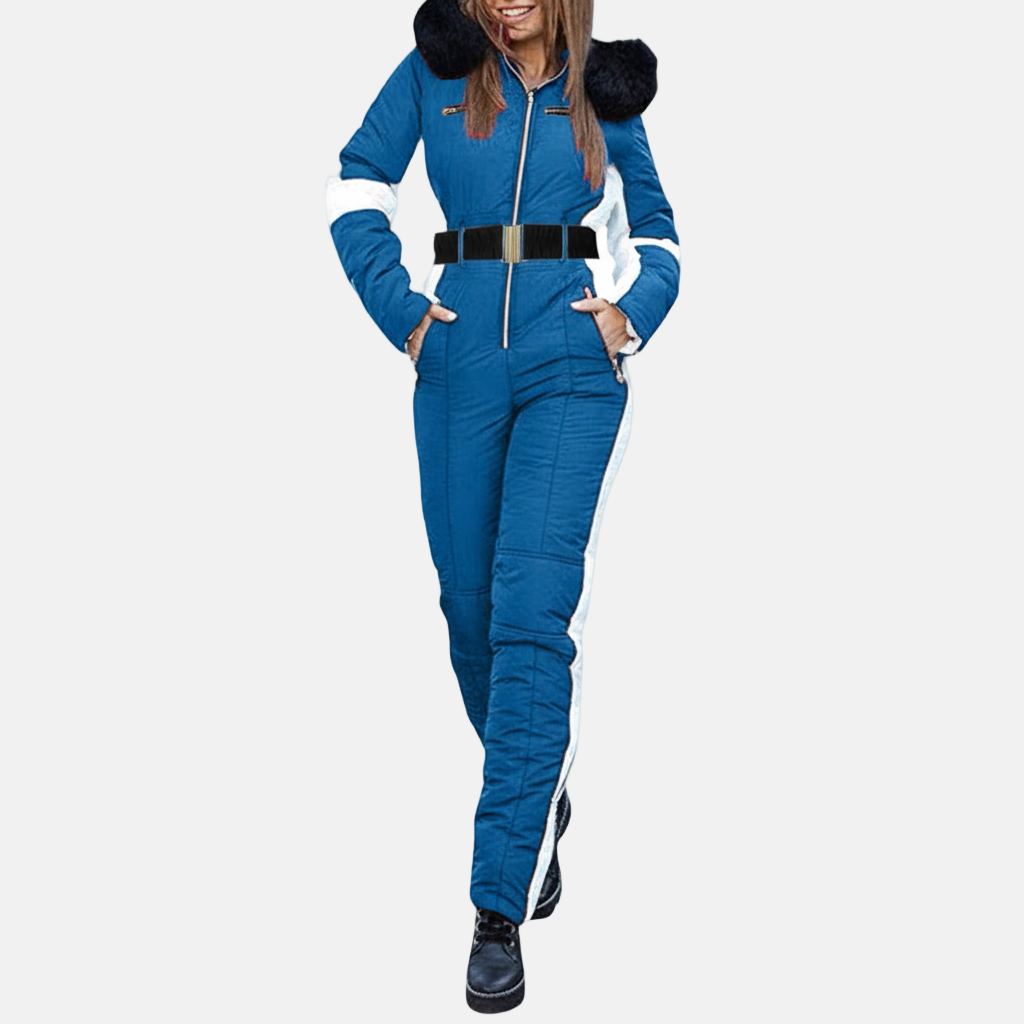 Tuta da sci da donna – Vestibilità slim – Con cintura – Cappuccio in pelliccia sintetica – Impermeabile