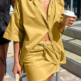 Mini set da ufficio a due pezzi giallo con maniche a mezza manica