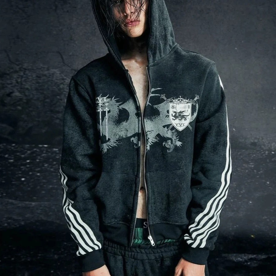 Felpa con cappuccio e cerniera retrò Harajuku