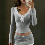 Completo culottes a maniche lunghe con fiocco in pizzo romantico francese