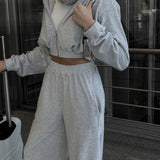 Completo da jogging da donna - Giacca corta con zip e cappuccio - Pantaloni a vita alta