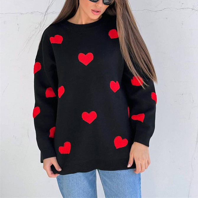 Felpa da donna – Maglia morbida – Vestibilità oversize – Fantasia a cuore – Maniche lunghe