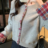 Cardigan girocollo a contrasto con motivo scozzese rosso