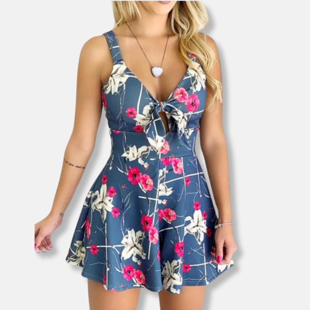 Tuta in viscosa Anna con vita aderente | Tuta floreale senza maniche