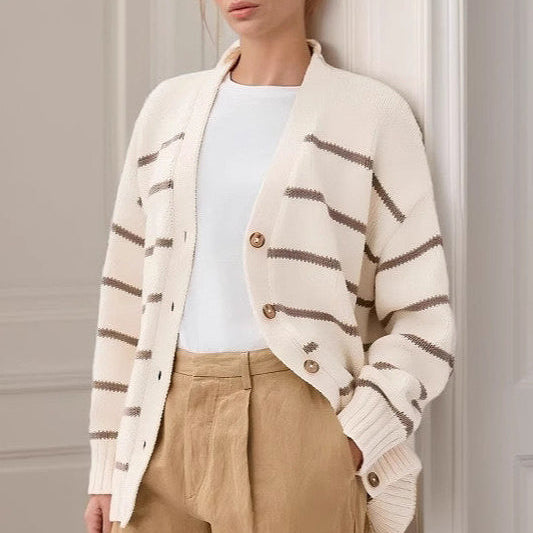 Cardigan in maglia di cotone a righe con scollo a V