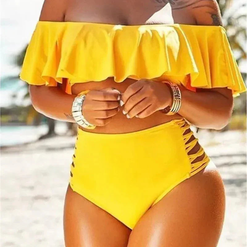 Bikini da donna – Vita alta, aderente – Spalle scoperte – Volant e ritagli