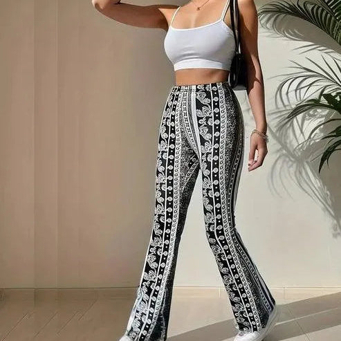 Pantaloni svasati da donna – Vita alta – Motivo bohémien – Taglio aderente e comodo