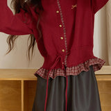 Cardigan patchwork scozzese con scollo a O