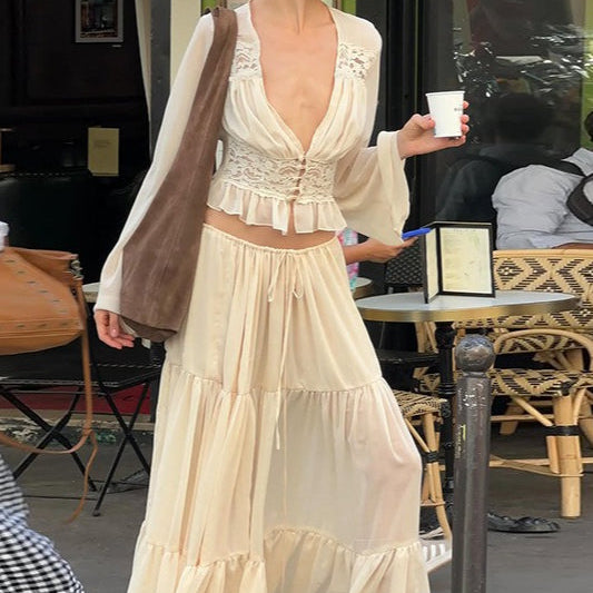 Completo gonna con lacci in pizzo e chiffon trasparente sexy