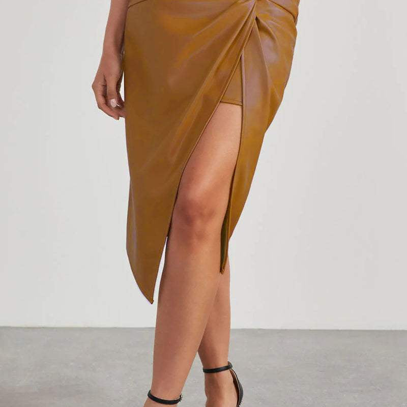 Gonna a tubino da donna - Vita alta - Effetto pelle - Drappeggiata con spacco - Stile elegante