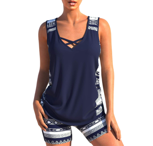Tankini da donna - Scollo a V - Spalline incrociate - Motivo geometrico - Vestibilità comoda