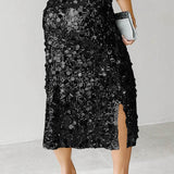 Gonna midi a vita alta con paillettes tinta unita