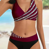 Bikini da donna – Vita alta – Top incrociato – Tessuto elasticizzato traspirante – Righe stampate