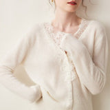 Cardigan in maglia con scollo a V e pizzo in cashmere