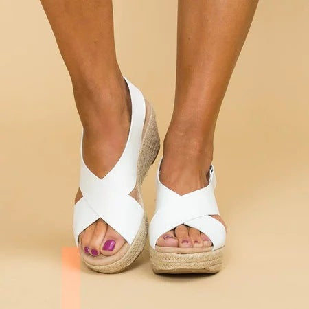 Sandali con zeppa da donna – Suola espadrillas – Cinturini incrociati – Punta aperta