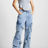 Pantaloni cargo vintage a vita alta con tasche e gamba dritta