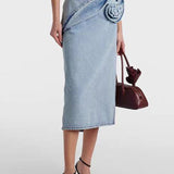 Gonna in denim vintage con arricciature a forma di rosa
