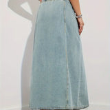Gonna lunga in denim da donna - Vita elasticizzata con coulisse - Vestibilità ampia