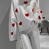 Felpa da donna – Maglia morbida – Vestibilità oversize – Fantasia a cuore – Maniche lunghe