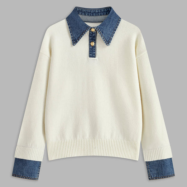 Maglione da donna – Vestibilità rilassata – Maglia morbida – Collo a camicia e polsini in denim