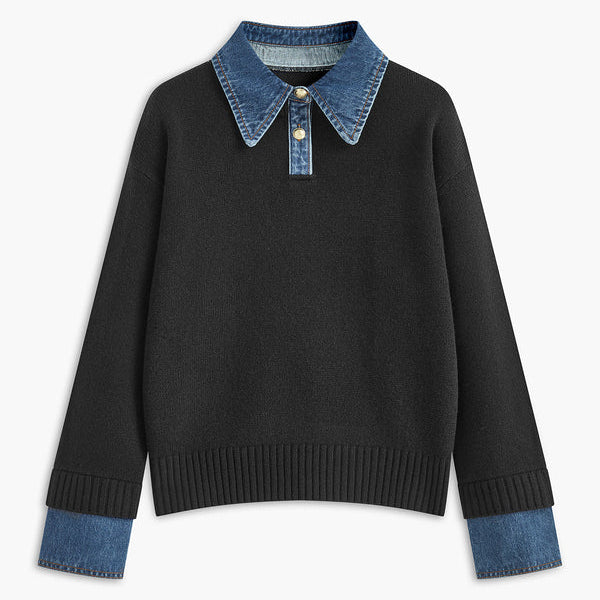 Maglione da donna – Vestibilità rilassata – Maglia morbida – Collo a camicia e polsini in denim