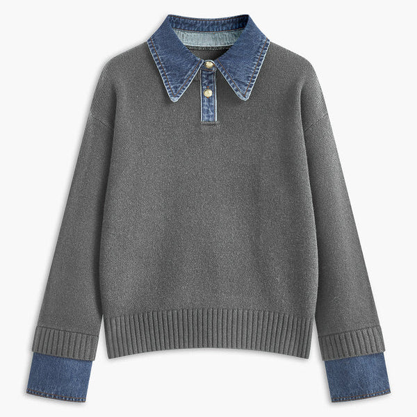 Maglione da donna – Vestibilità rilassata – Maglia morbida – Collo a camicia e polsini in denim