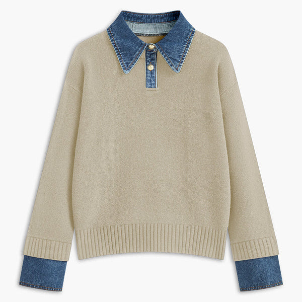 Maglione da donna – Vestibilità rilassata – Maglia morbida – Collo a camicia e polsini in denim