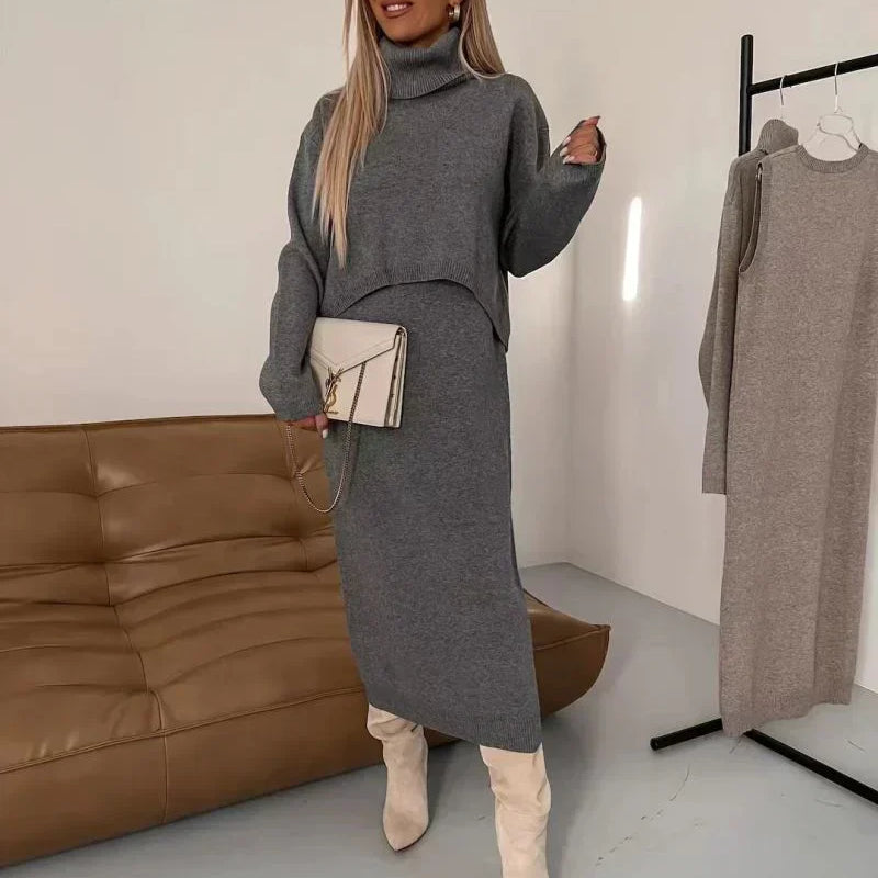 Outfit da donna – Maglione dolcevita oversize e gonna longuette a tubino – Maglia comoda