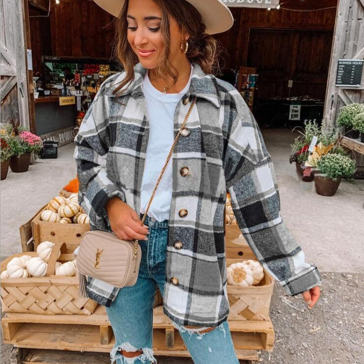 Blusa avvolgente da donna – Vestibilità rilassata – Motivo a quadri – Effetto flanella