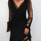 Abito da cocktail da donna – Vestibilità slim – Scollo a V – Maniche trasparenti decorate – Tessuto lussuoso