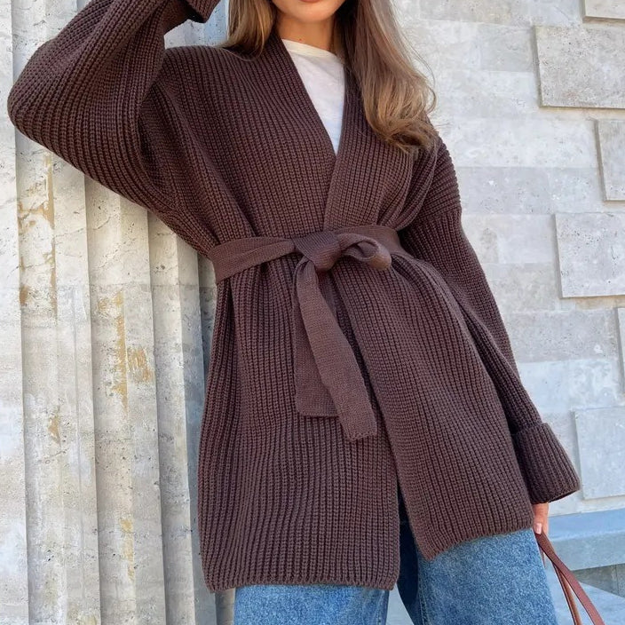 Cardigan in maglia con cintura annodata in vita, comodo e rilassato
