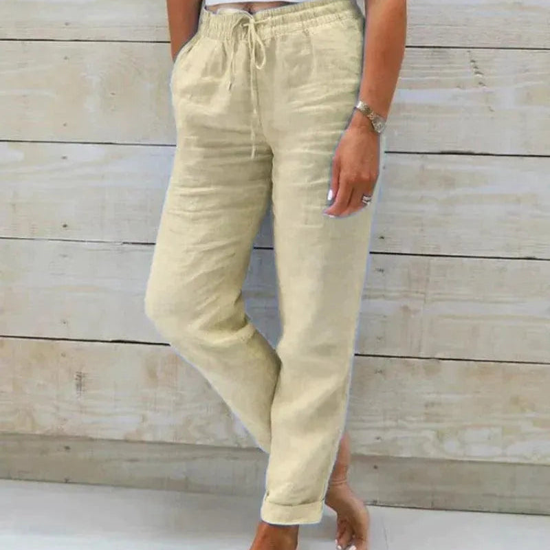 Pantaloni in lino da donna - Vita elasticizzata con coulisse - Vestibilità ampia e traspirante