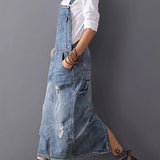 Abito in denim da donna – Vestibilità rilassata – Spalline regolabili – Dettagli effetto consumato – Lunghezza midi