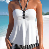 Tankini da donna – Top fluido senza schienale – Pantaloncini a righe – Tessuto traspirante e confortevole