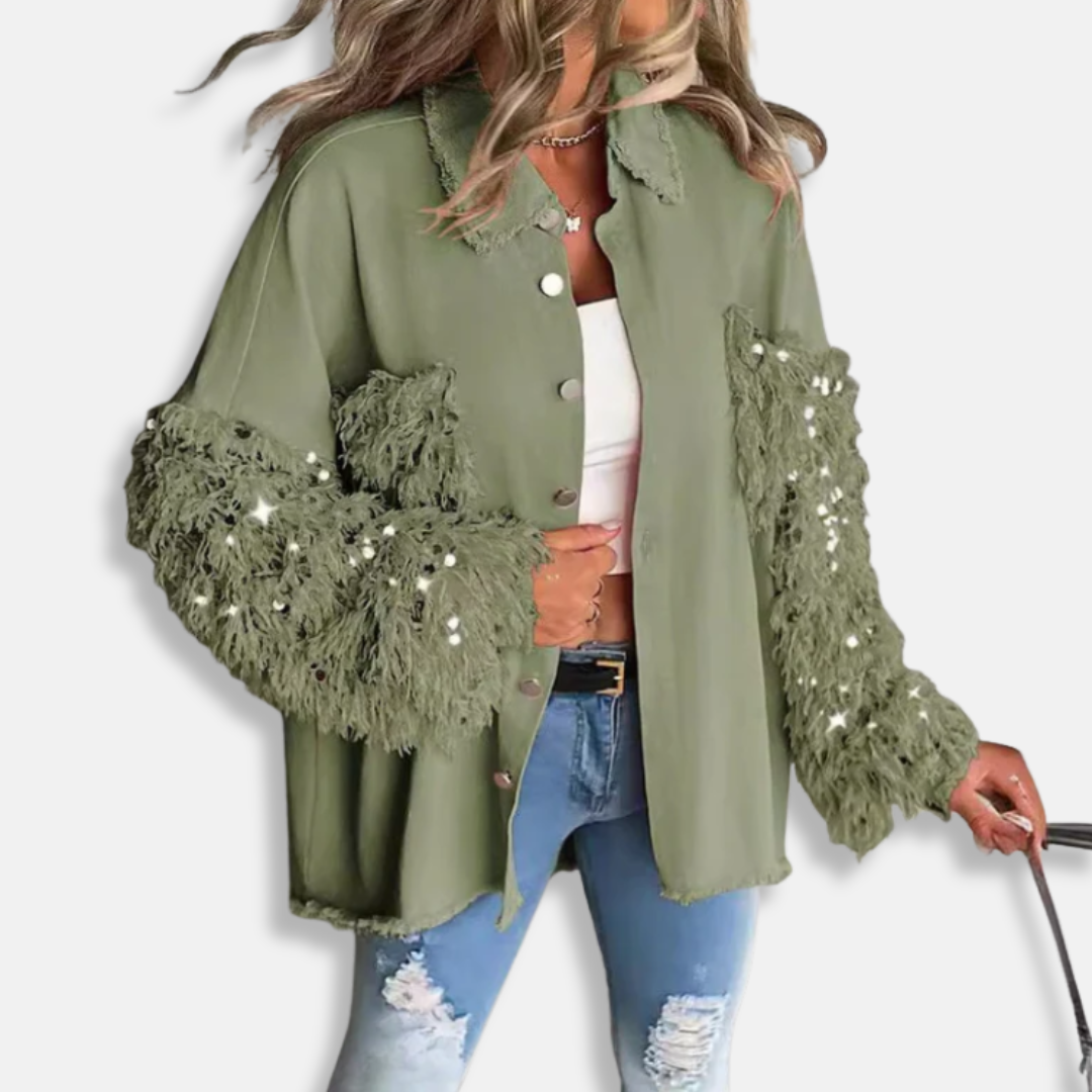 Giacca in denim da donna - Misto cotone - Vestibilità oversize - Lunghezza tunica - Bordi sfrangiati