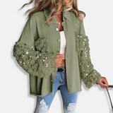 Giacca in denim da donna - Misto cotone - Vestibilità oversize - Lunghezza tunica - Bordi sfrangiati