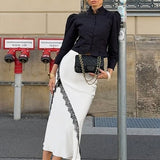 Gonna midi a trapezio con vita alta in pizzo satinato vintage