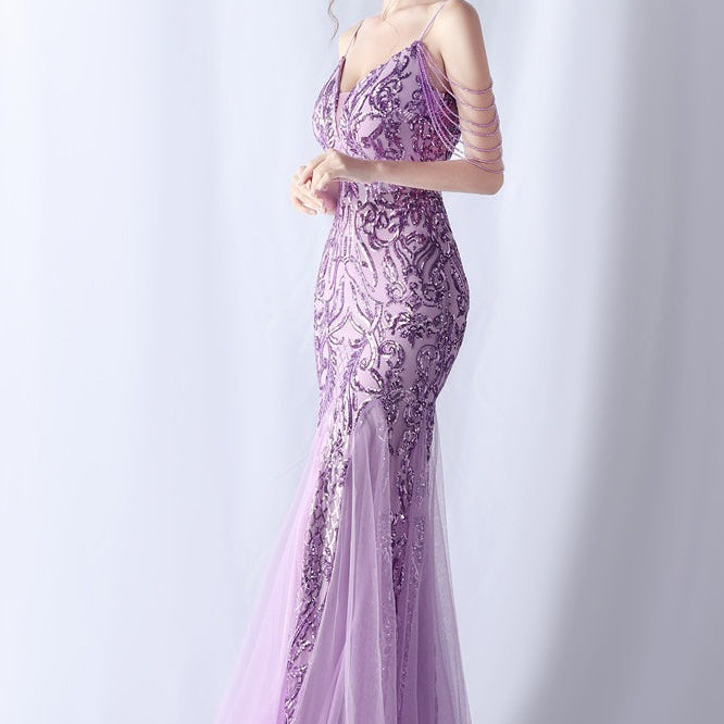 Abito lungo da cocktail in rete con perline