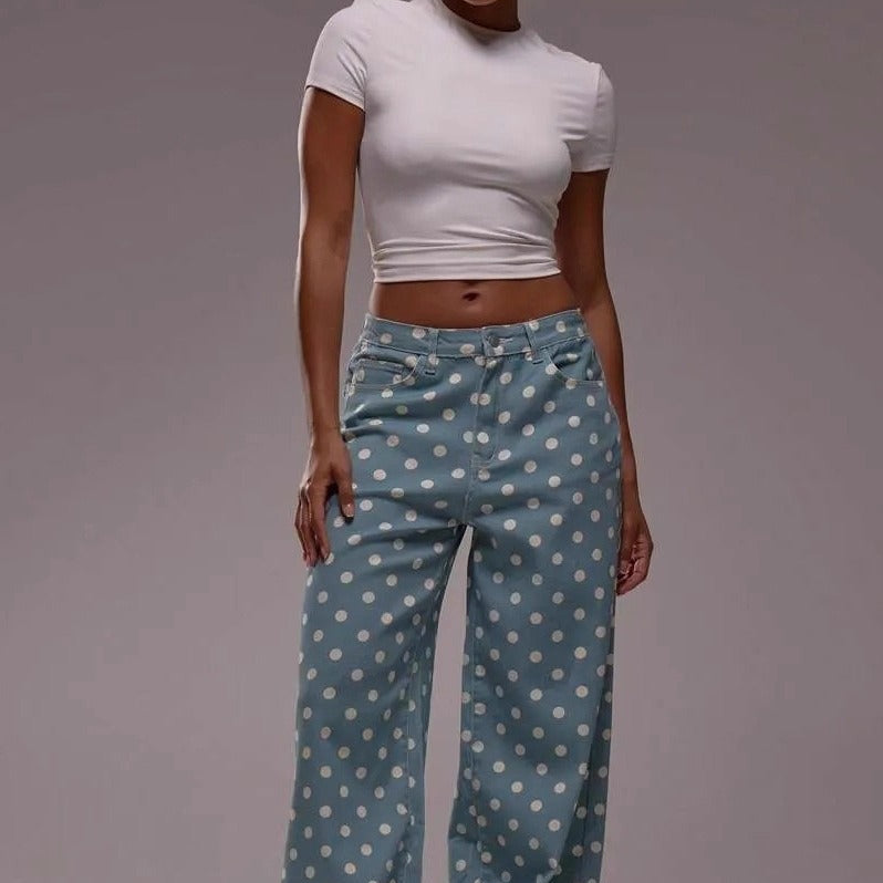 Jeans larghi a vita media con pois