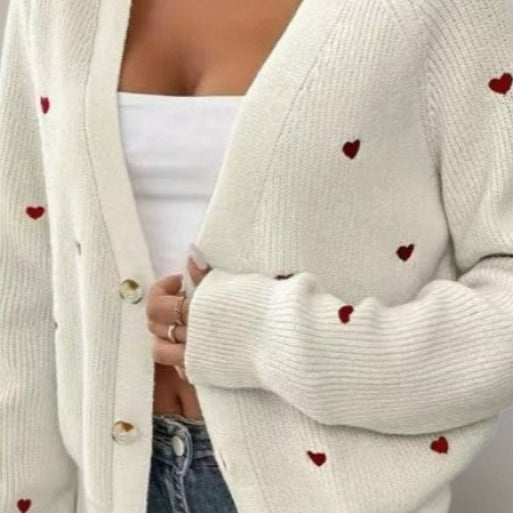 Cardigan con scollo a V e ricamo a cuore