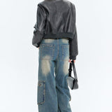 Giubbotto bomber con cerniera in pelle PU